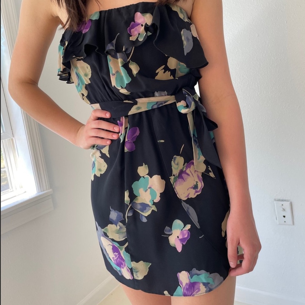 Amanda Uprichard Strapless Silk Mini Dress Diff Floral Colors Ruffle at Top SzL